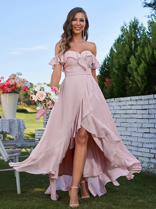 NumberSea - A - Line/Princess Chiffon Ruffles Off - The - Shoulder Sleeveless Asymmetrical Bridesmaid Dresses