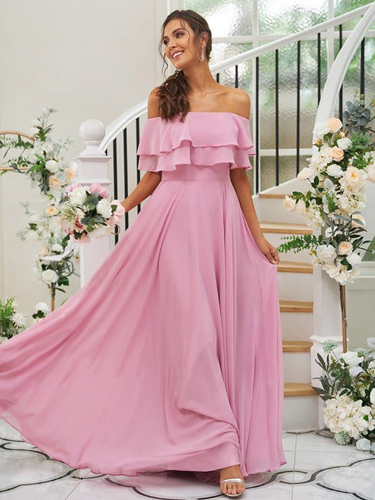 NumberSea - A - Line/Princess Chiffon Ruffles Off - the - Shoulder Sleeveless Floor - Length Bridesmaid Dresses