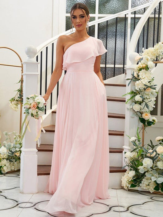 NumberSea - A - Line/Princess Chiffon Ruffles One - Shoulder Sleeveless Floor - Length Bridesmaid Dresses