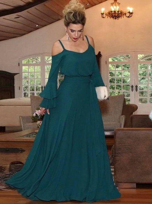 NumberSea - A - Line/Princess Chiffon Ruffles Square Long Sleeves Floor - Length Mother of the Bride Dresses