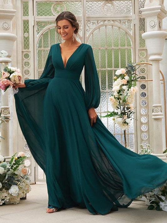 NumberSea - A - Line/Princess Chiffon Ruffles V - neck Long Sleeves Sweep/Brush Train Bridesmaid Dresses