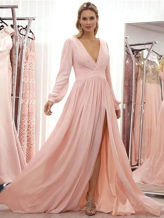 NumberSea - A - Line/Princess Chiffon Ruffles V - neck Long Sleeves Sweep/Brush Train Mother of the Bride Dresses