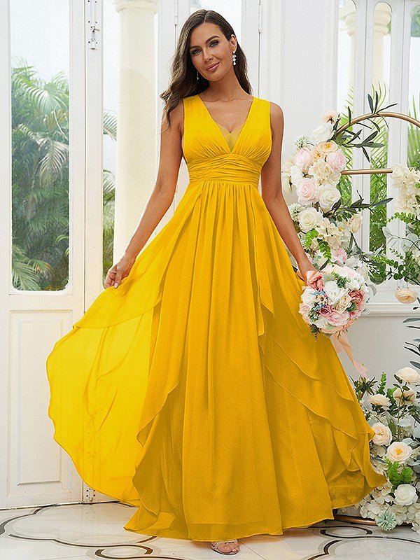 NumberSea - A - Line/Princess Chiffon Ruffles V - neck Sleeveless Floor - Length Bridesmaid Dresses