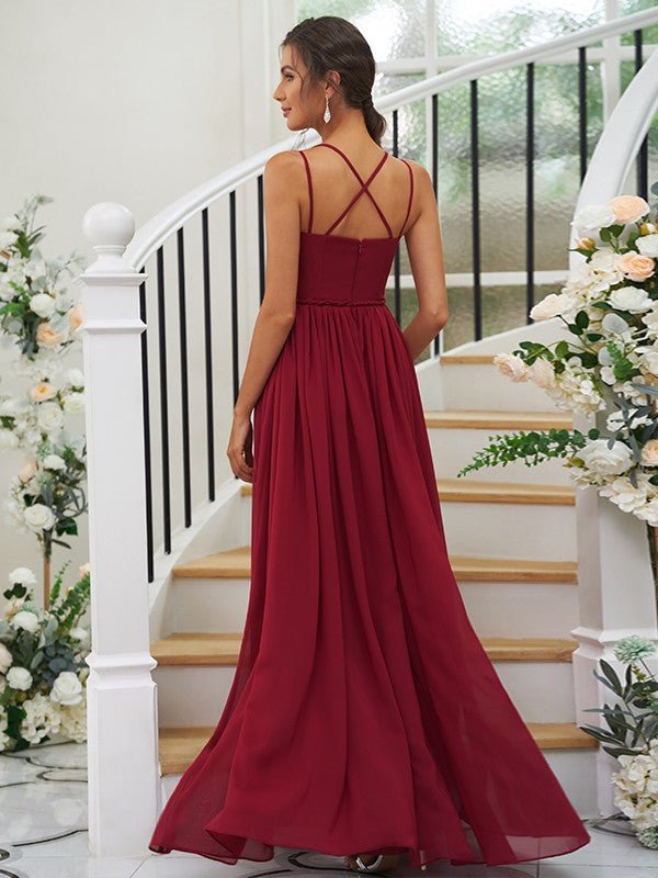 NumberSea - A - Line/Princess Chiffon Ruffles V - neck Sleeveless Floor - Length Bridesmaid Dresses