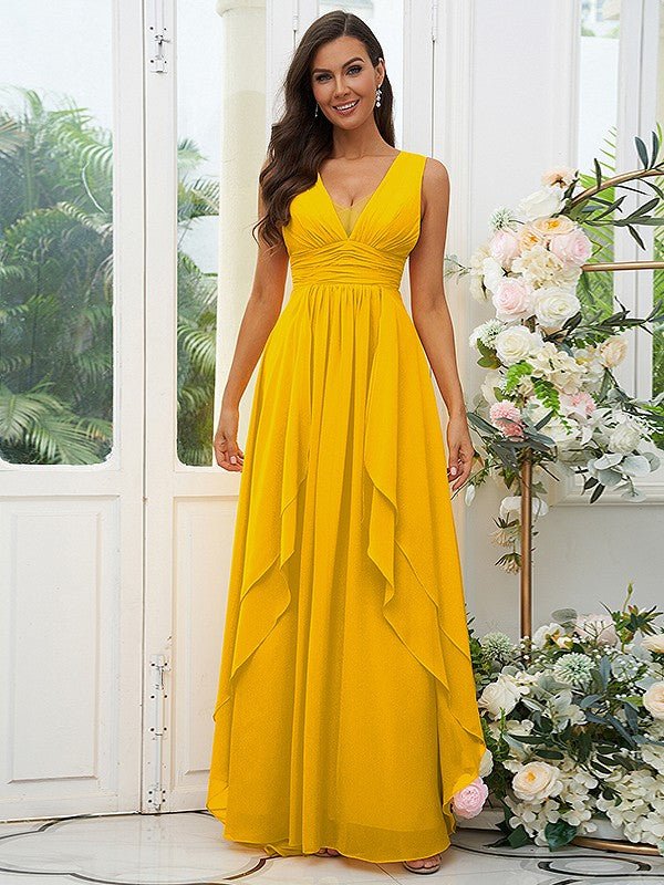 NumberSea - A - Line/Princess Chiffon Ruffles V - neck Sleeveless Floor - Length Bridesmaid Dresses