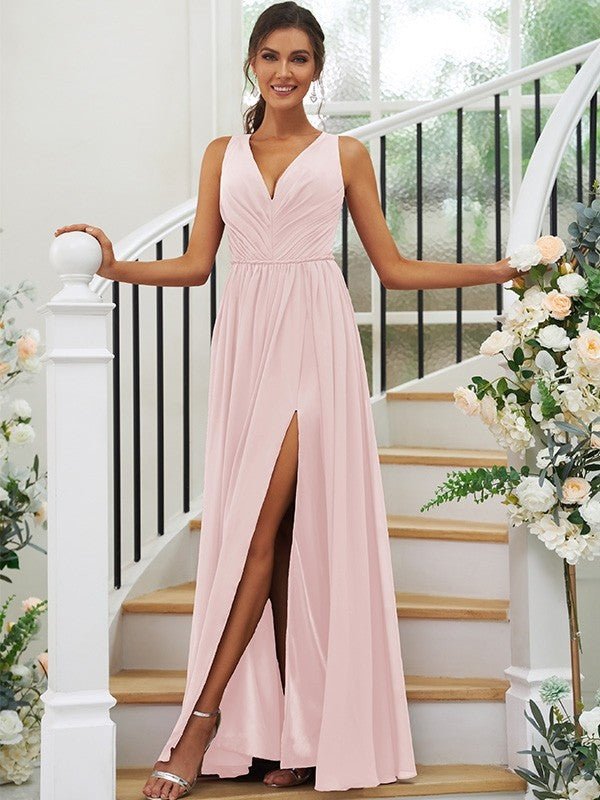 NumberSea - A - Line/Princess Chiffon Ruffles V - neck Sleeveless Floor - Length Bridesmaid Dresses