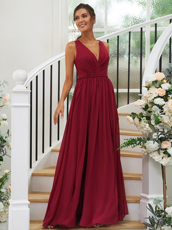 NumberSea - A - Line/Princess Chiffon Ruffles V - neck Sleeveless Floor - Length Bridesmaid Dresses