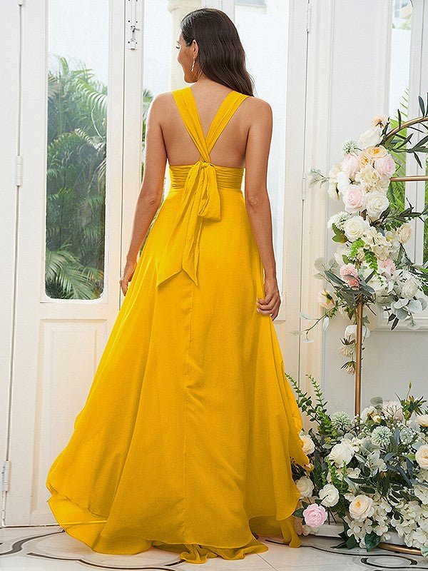 NumberSea - A - Line/Princess Chiffon Ruffles V - neck Sleeveless Floor - Length Bridesmaid Dresses