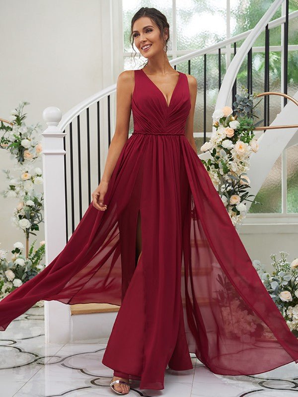 NumberSea - A - Line/Princess Chiffon Ruffles V - neck Sleeveless Floor - Length Bridesmaid Dresses