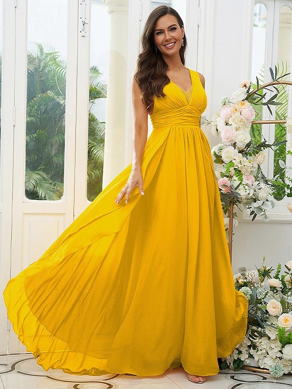 NumberSea - A - Line/Princess Chiffon Ruffles V - neck Sleeveless Floor - Length Bridesmaid Dresses