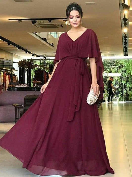 NumberSea - A - Line/Princess Chiffon Sash/Ribbon/Belt V - neck Short Sleeves Floor - Length Mother of the Bride Dresses