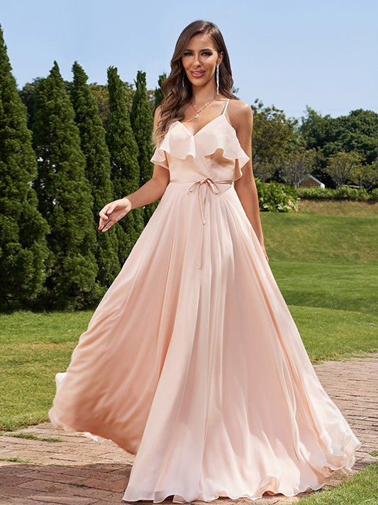 NumberSea - A - Line/Princess Chiffon Sash/Ribbon/Belt V - Neck Sleeveless Floor - Length Bridesmaid Dresses