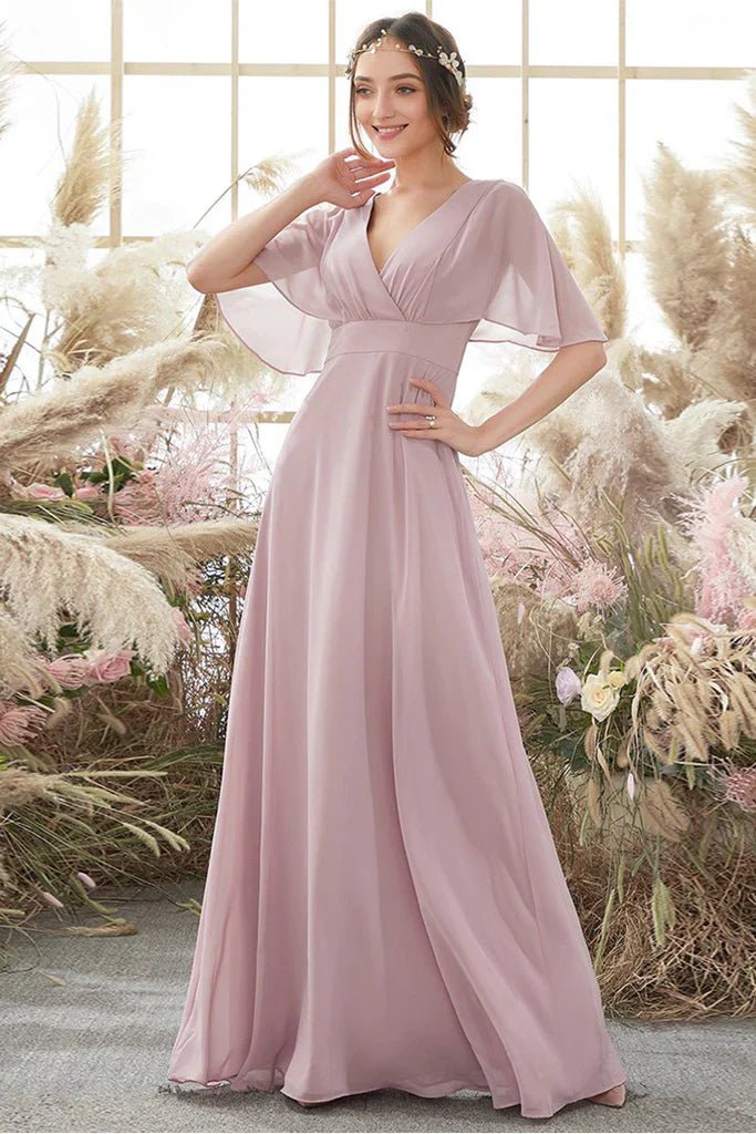 NumberSea - A - Line/Princess Chiffon Spaghetti Straps Short Sleeves Floor Length Natural Waist Bridesmaid Dresses