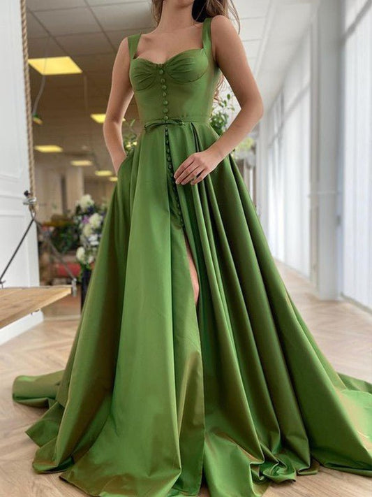 NumberSea - A - Line/Princess Court Train Straps Sleeveless Satin Ruffles Dresses