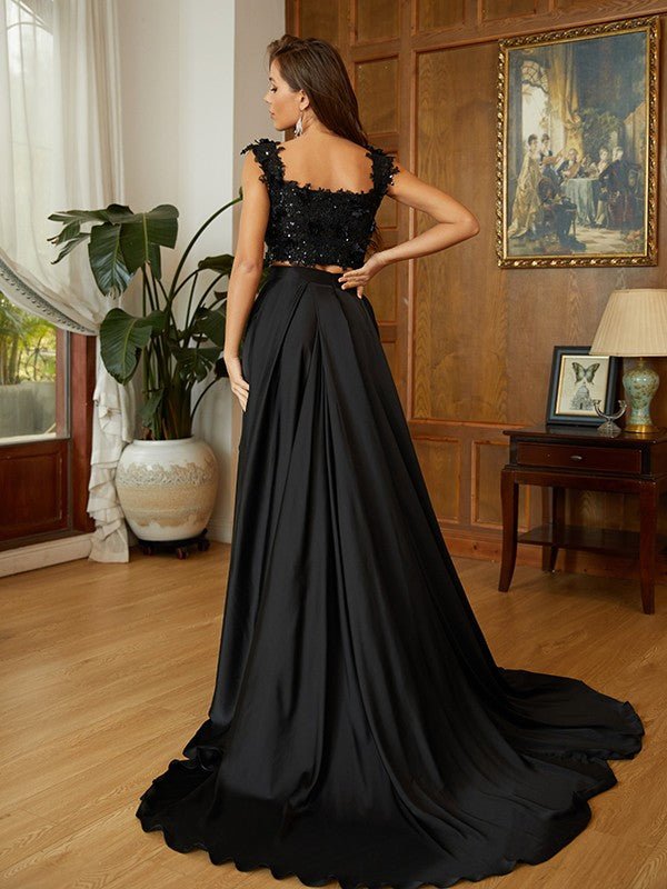 NumberSea - A - Line/Princess Elastic Woven Satin Applique Off - the - Shoulder Sleeveless Sweep/Brush Train Two Piece Dresses