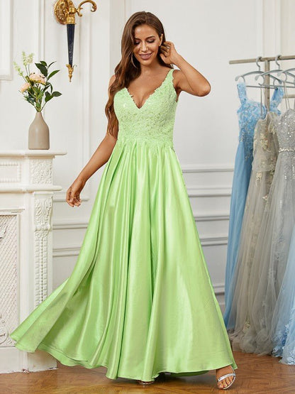 NumberSea - A - Line/Princess Elastic Woven Satin Lace V - neck Sleeveless Floor - Length Dresses