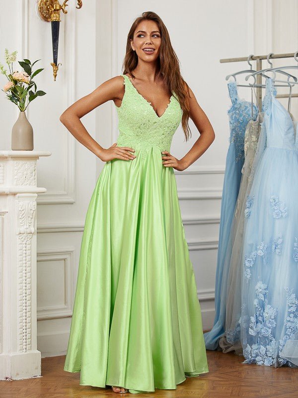 NumberSea - A - Line/Princess Elastic Woven Satin Lace V - neck Sleeveless Floor - Length Dresses