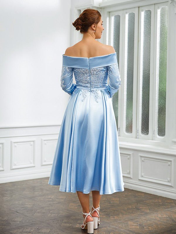 NumberSea - A - Line/Princess Elastic Woven Satin Ruched Off - the - Shoulder Long Sleeves Tea - Length Mother of the Bride Dresses