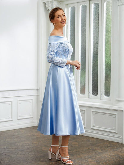 NumberSea - A - Line/Princess Elastic Woven Satin Ruched Off - the - Shoulder Long Sleeves Tea - Length Mother of the Bride Dresses