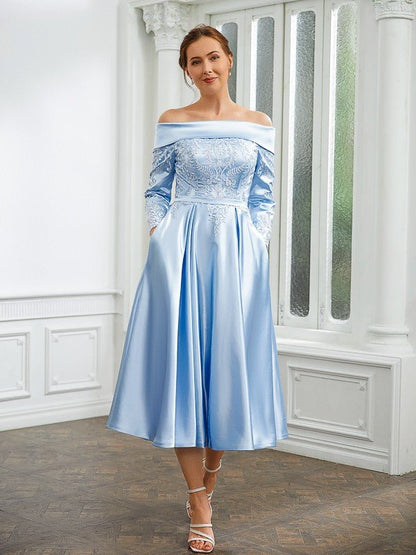 NumberSea - A - Line/Princess Elastic Woven Satin Ruched Off - the - Shoulder Long Sleeves Tea - Length Mother of the Bride Dresses