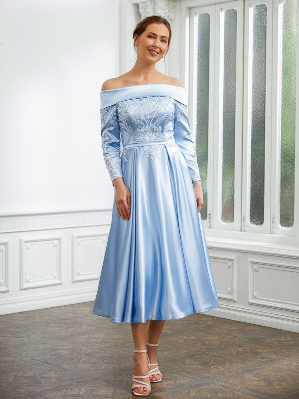 NumberSea - A - Line/Princess Elastic Woven Satin Ruched Off - the - Shoulder Long Sleeves Tea - Length Mother of the Bride Dresses