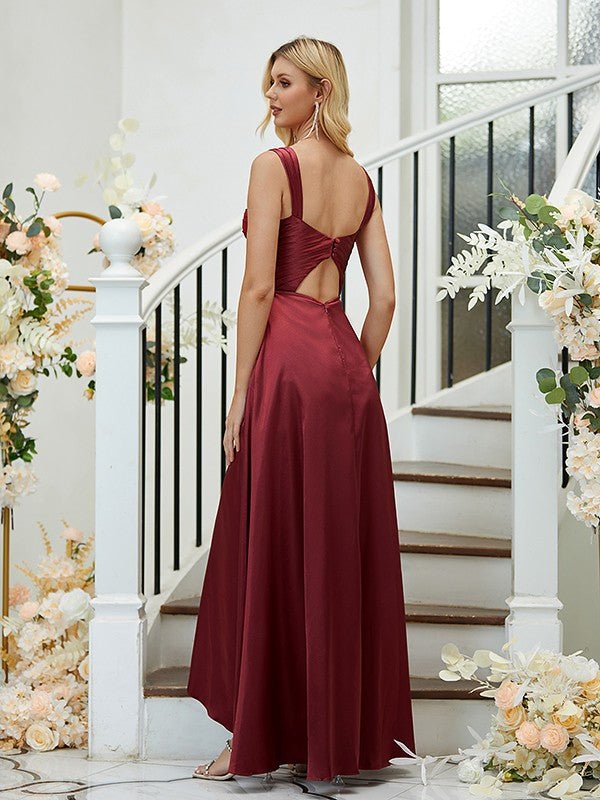 NumberSea - A - Line/Princess Elastic Woven Satin Ruched Straps Sleeveless Asymmetrical Bridesmaid Dresses