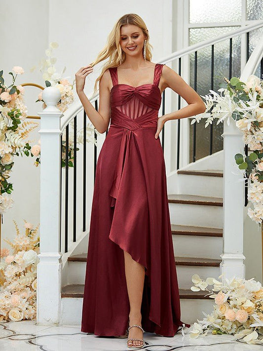 NumberSea - A - Line/Princess Elastic Woven Satin Ruched Straps Sleeveless Asymmetrical Bridesmaid Dresses