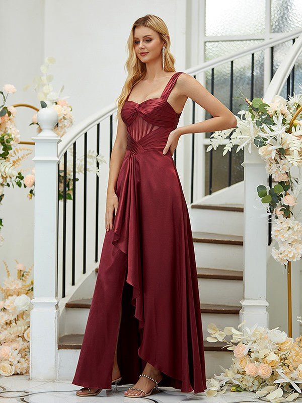 NumberSea - A - Line/Princess Elastic Woven Satin Ruched Straps Sleeveless Asymmetrical Bridesmaid Dresses