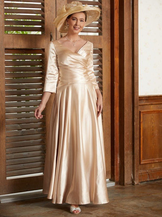 NumberSea - A - Line/Princess Elastic Woven Satin Ruched V - neck 3/4 Sleeves Ankle - Length Mother of the Bride Dresses