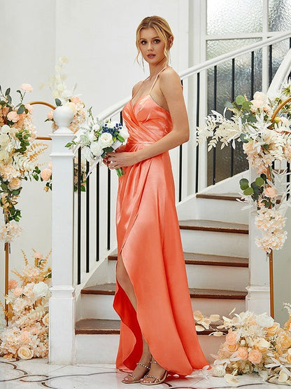 NumberSea - A - Line/Princess Elastic Woven Satin Ruched V - neck Sleeveless Asymmetrical Bridesmaid Dresses