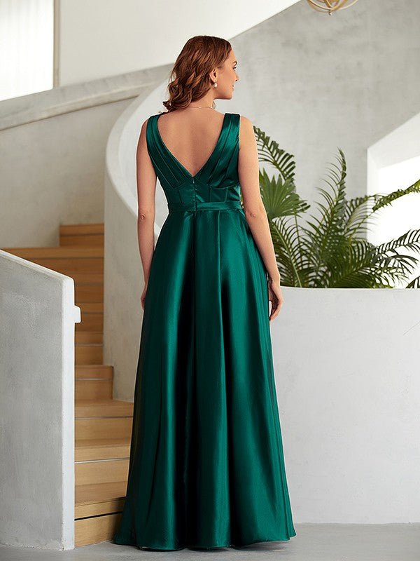 NumberSea - A - Line/Princess Elastic Woven Satin Ruched V - neck Sleeveless Floor - Length Dresses