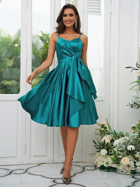 NumberSea - A - Line/Princess Elastic Woven Satin Ruffles Spaghetti Straps Sleeveless Knee - Length Bridesmaid Dresses