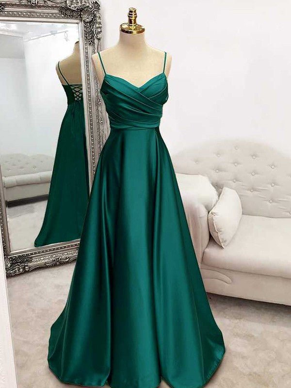 NumberSea - A - Line/Princess Elastic Woven Satin Ruffles V - neck Sleeveless Sweep/Brush Train Dresses