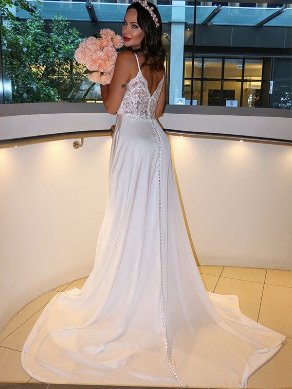 NumberSea - A - Line/Princess Elastic Woven Satin Spaghetti Straps Ruffles Sleeveless Sweep/Brush Train Wedding Dresses