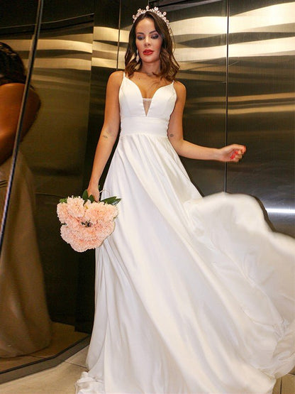 NumberSea - A - Line/Princess Elastic Woven Satin Spaghetti Straps Ruffles Sleeveless Sweep/Brush Train Wedding Dresses