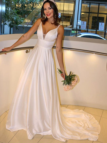 NumberSea - A - Line/Princess Elastic Woven Satin Spaghetti Straps Ruffles Sleeveless Sweep/Brush Train Wedding Dresses