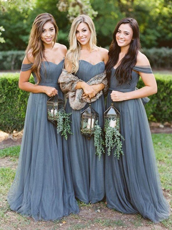 NumberSea - A - Line/Princess Floor - Length Tulle Ruffles Off - the - Shoulder Sleeveless Bridesmaid Dresses