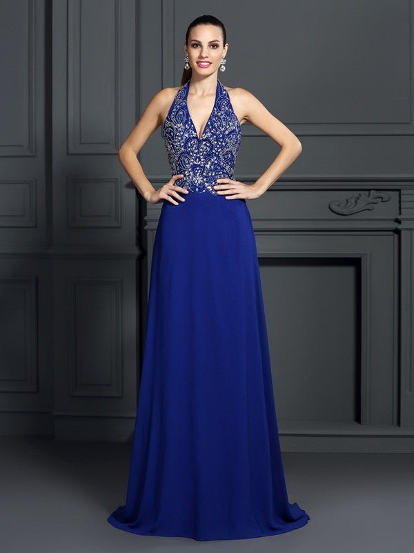 NumberSea - A - Line/Princess Halter Applique Sleeveless Long Chiffon Dresses