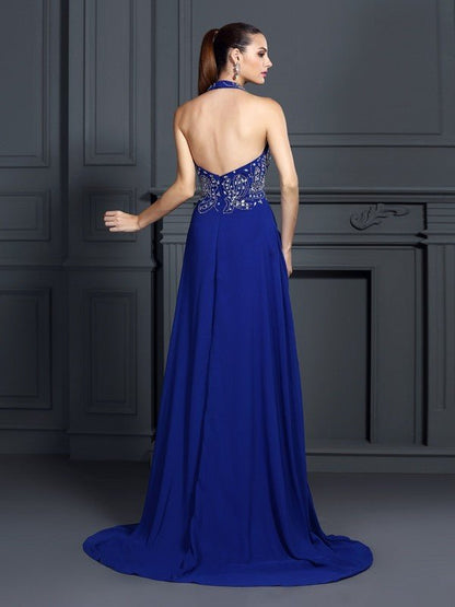 NumberSea - A - Line/Princess Halter Applique Sleeveless Long Chiffon Dresses