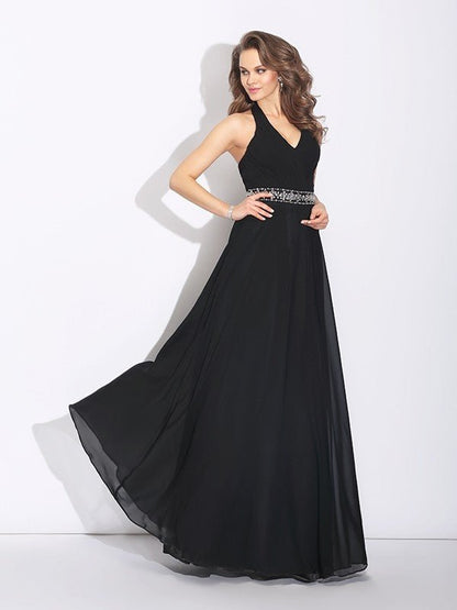 NumberSea - A - Line/Princess Halter Beading Sleeveless Long Chiffon Bridesmaid Dresses