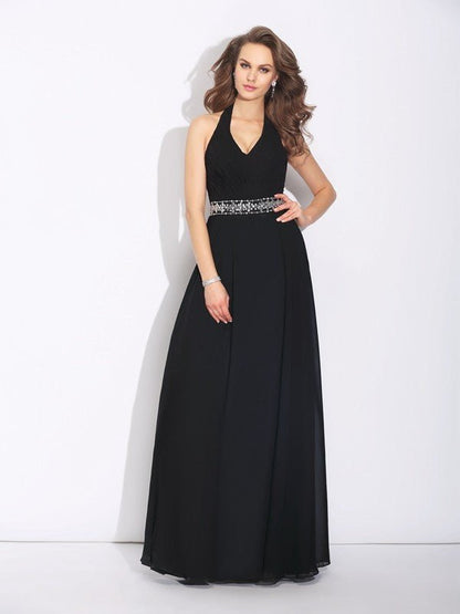 NumberSea - A - Line/Princess Halter Beading Sleeveless Long Chiffon Bridesmaid Dresses