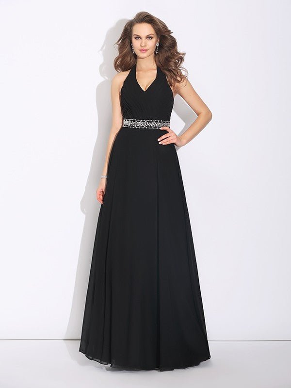 NumberSea - A - Line/Princess Halter Beading Sleeveless Long Chiffon Bridesmaid Dresses