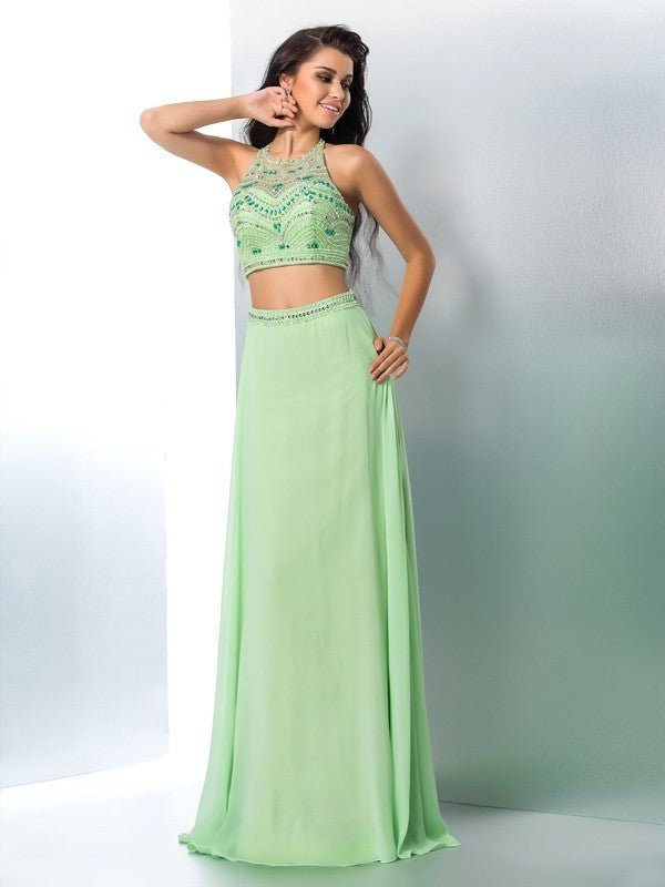 NumberSea - A - Line/Princess Halter Beading Sleeveless Long Chiffon Two Piece Dresses