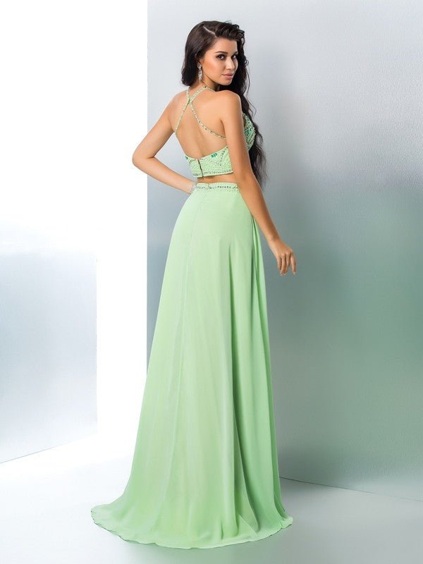 NumberSea - A - Line/Princess Halter Beading Sleeveless Long Chiffon Two Piece Dresses