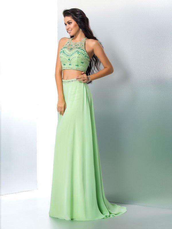 NumberSea - A - Line/Princess Halter Beading Sleeveless Long Chiffon Two Piece Dresses