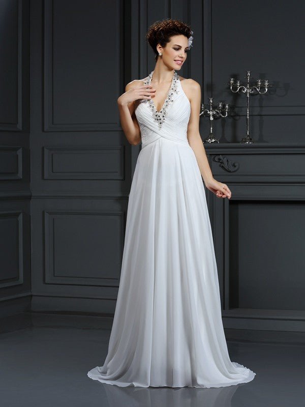 NumberSea - A - Line/Princess Halter Beading Sleeveless Long Chiffon Wedding Dresses