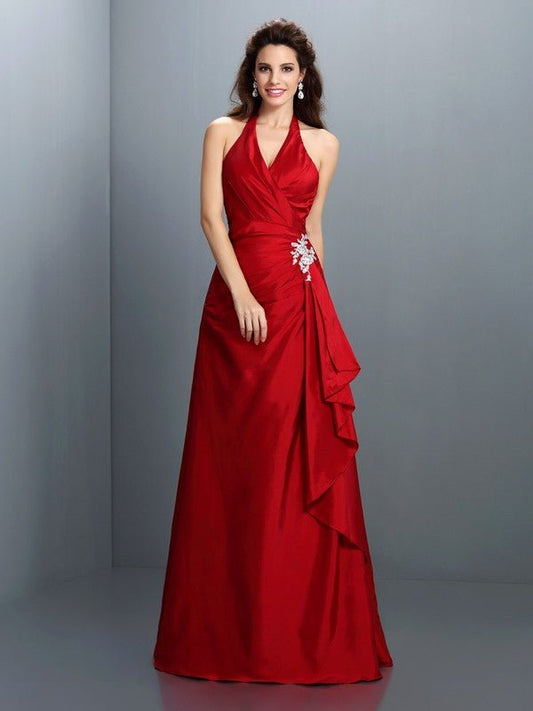 NumberSea - A - Line/Princess Halter Beading Sleeveless Long Taffeta Dresses