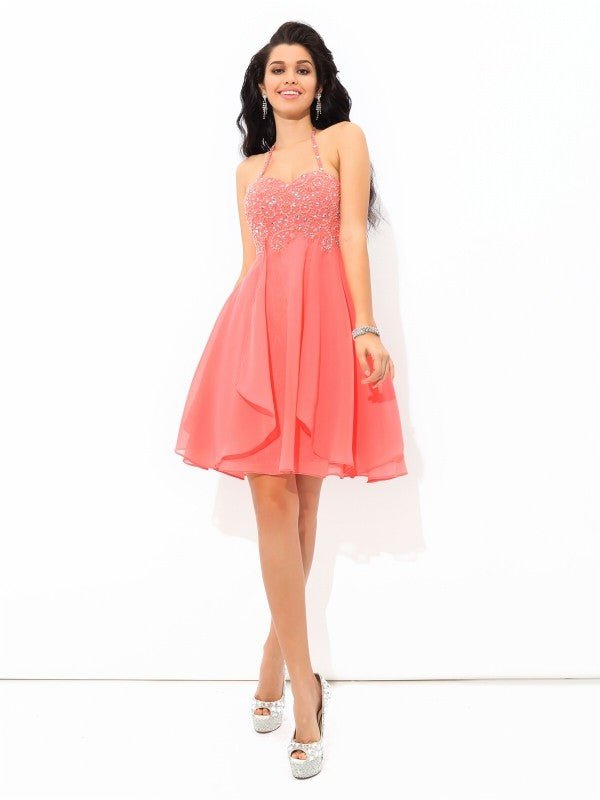 NumberSea - A - Line/Princess Halter Beading Sleeveless Short Chiffon Cocktail Dresses