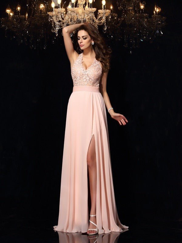 NumberSea - A - Line/Princess Halter Lace Sleeveless Long Chiffon Dresses