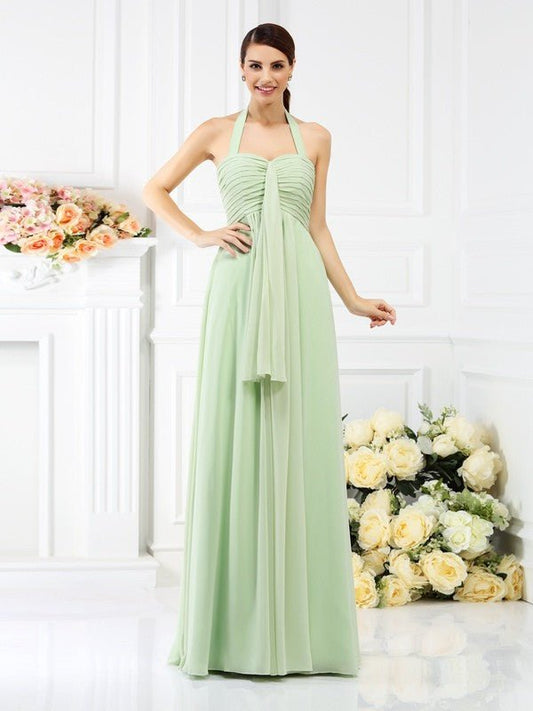 NumberSea - A - Line/Princess Halter Pleats Sleeveless Long Chiffon Bridesmaid Dresses